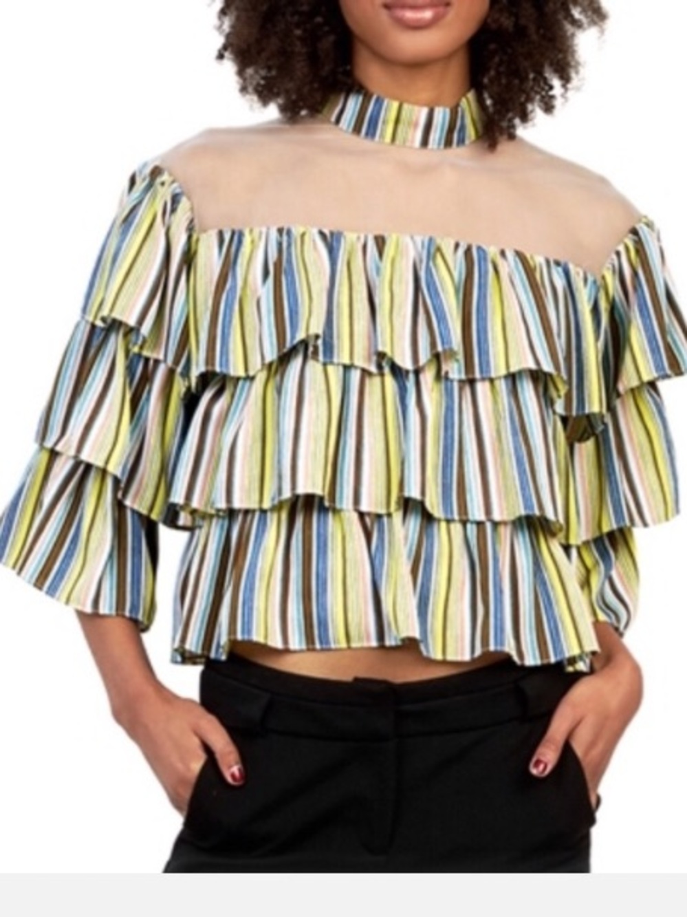 Gracia ruffles tiered layered top stripe sheer detail voluminous bold sz S